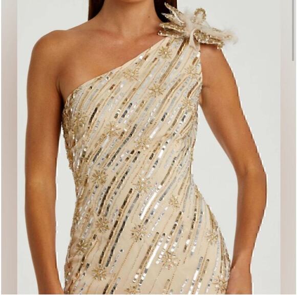 MAC DUGGAL Gold Embellished Floral Detail One Shoulder Gown Size 14 NWT - Picture 2 of 13